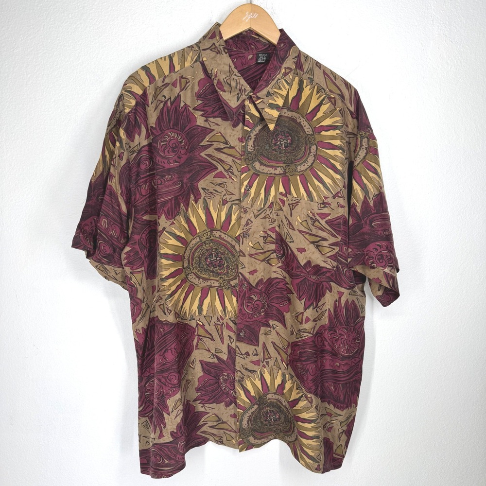 Vintage 100% Silk Abstract Sunburst Floral Button Shirt Brown Burgundy L 90s Y2K